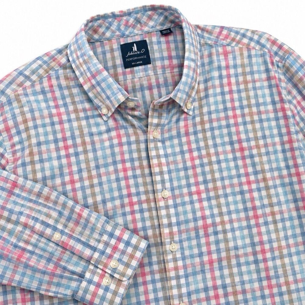 Johnnie-O Yosef Everyday Performance Shirt Pink Blue Plaid Stretch Men's 2XL